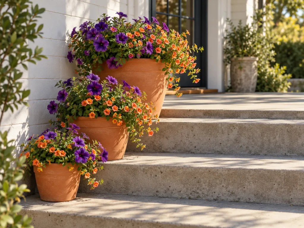 Purple petunias and orange calibrachoa cascading from three pots arranged down sunny porch steps