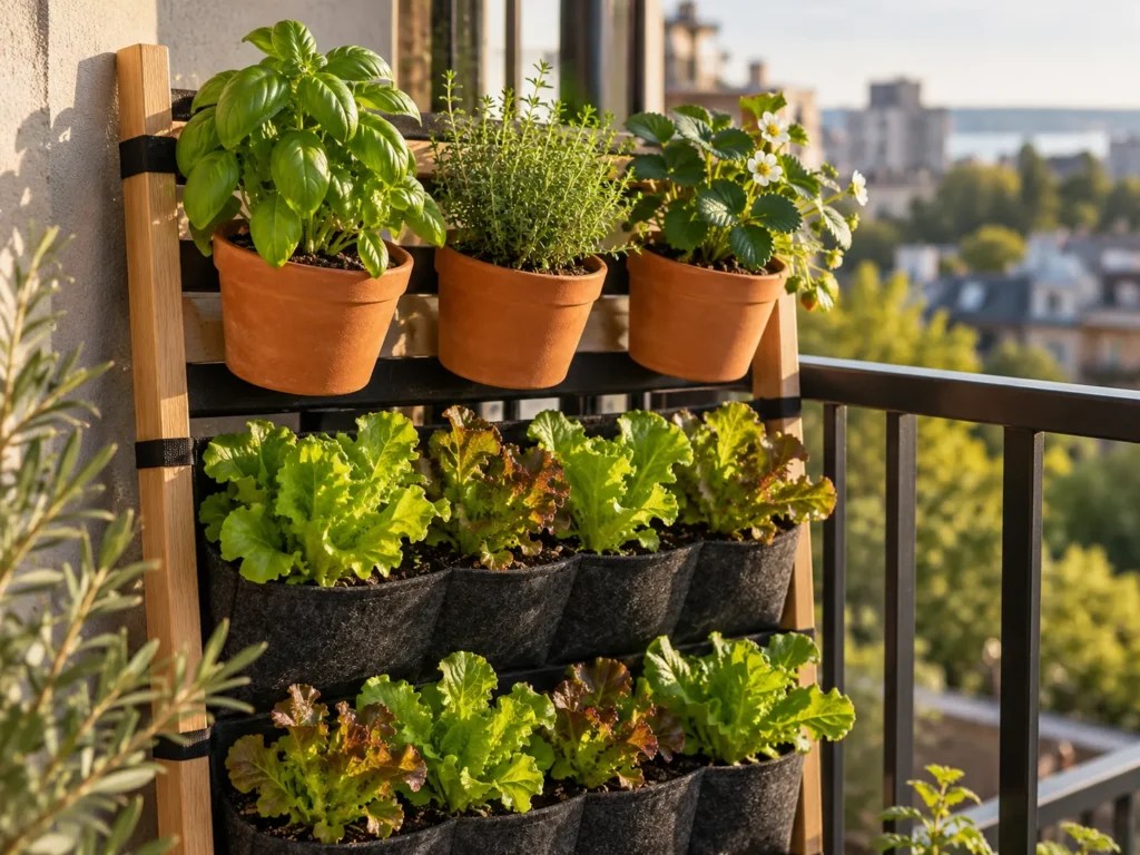 Young lettuce in low pockets with basil, thyme and strawberry plants in sunnier upper pots on a balcony wall