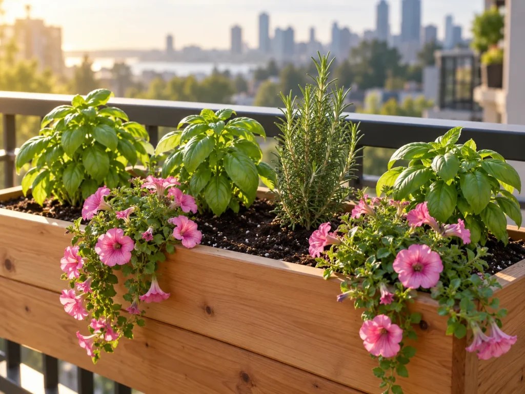 Close-up of a cedar railing box planted with basil, rosemary and pink petunias in potting mix
Filename: plan