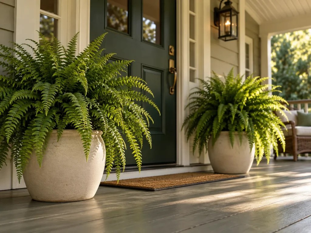 Two matched Boston ferns in pale floor pots flanking a shaded front door on a covered porch