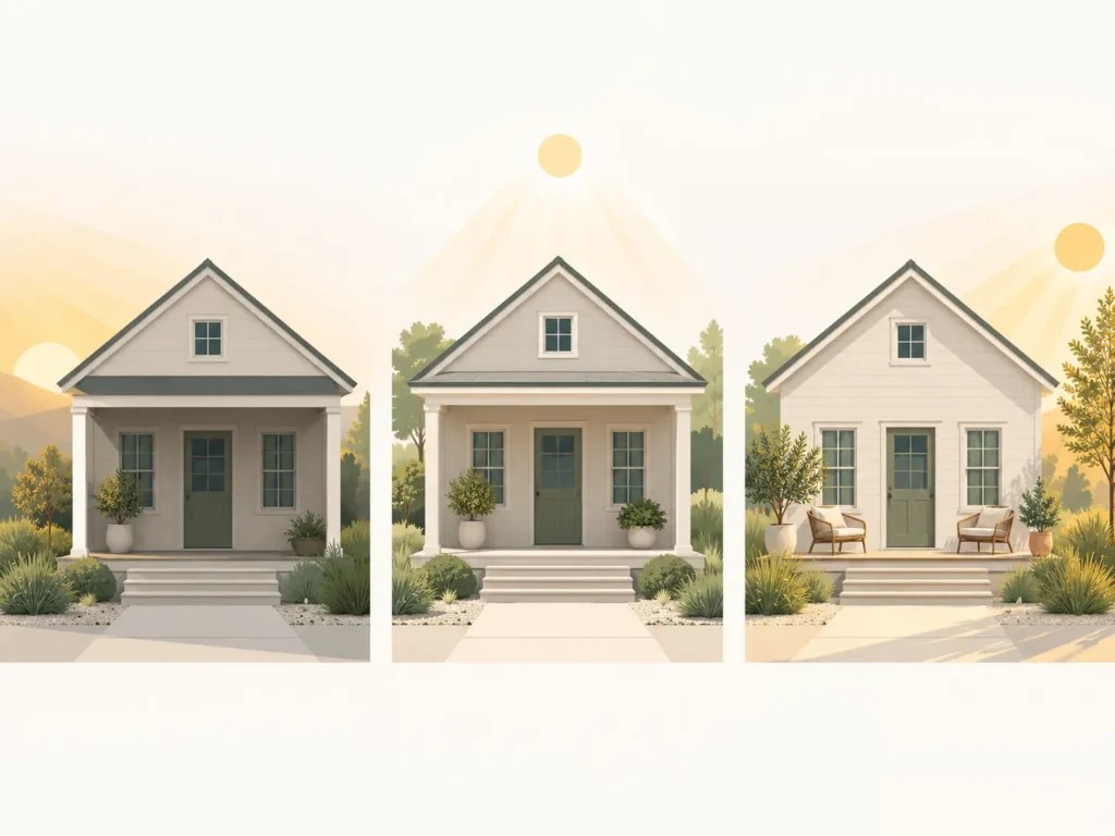 Simple graphic of three porch types showing typical real sun hours under a covered north, covered south and open west porch