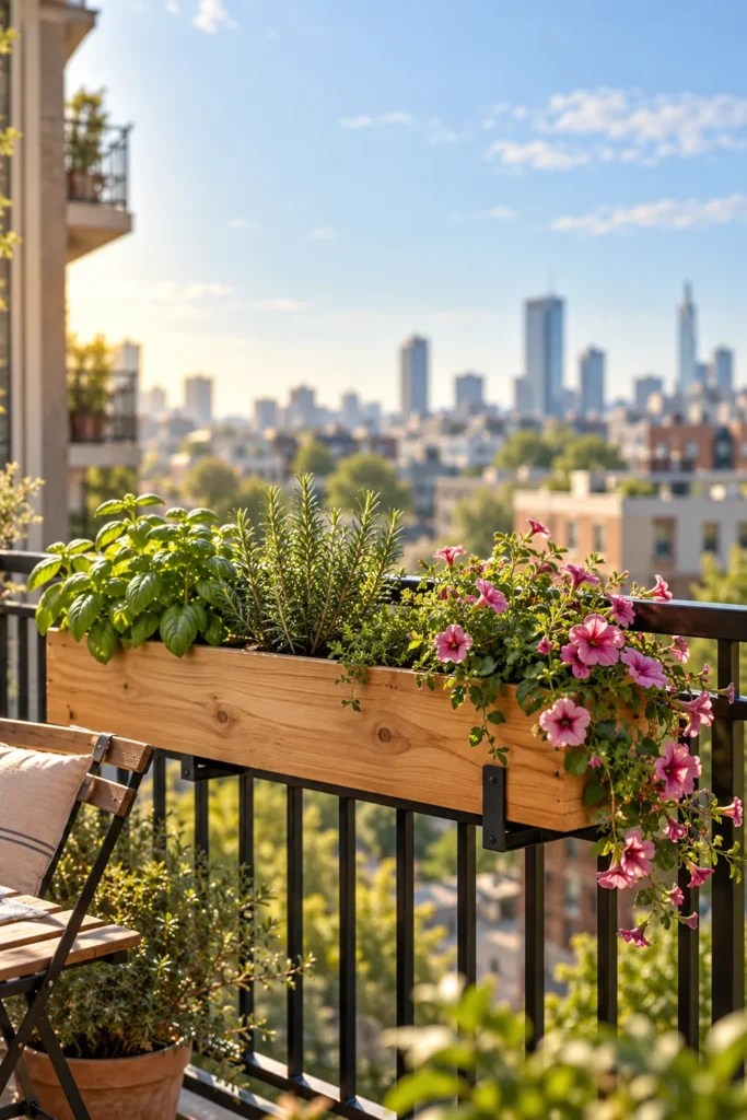 A cedar planter box of herbs and petunias hanging on the inside of an apartment balcony railing