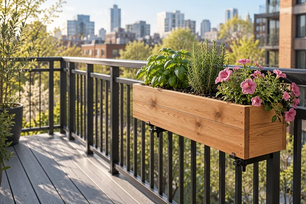 Three railing planter mounts side by side: an adjustable bracket, a saddle box and a French cleat