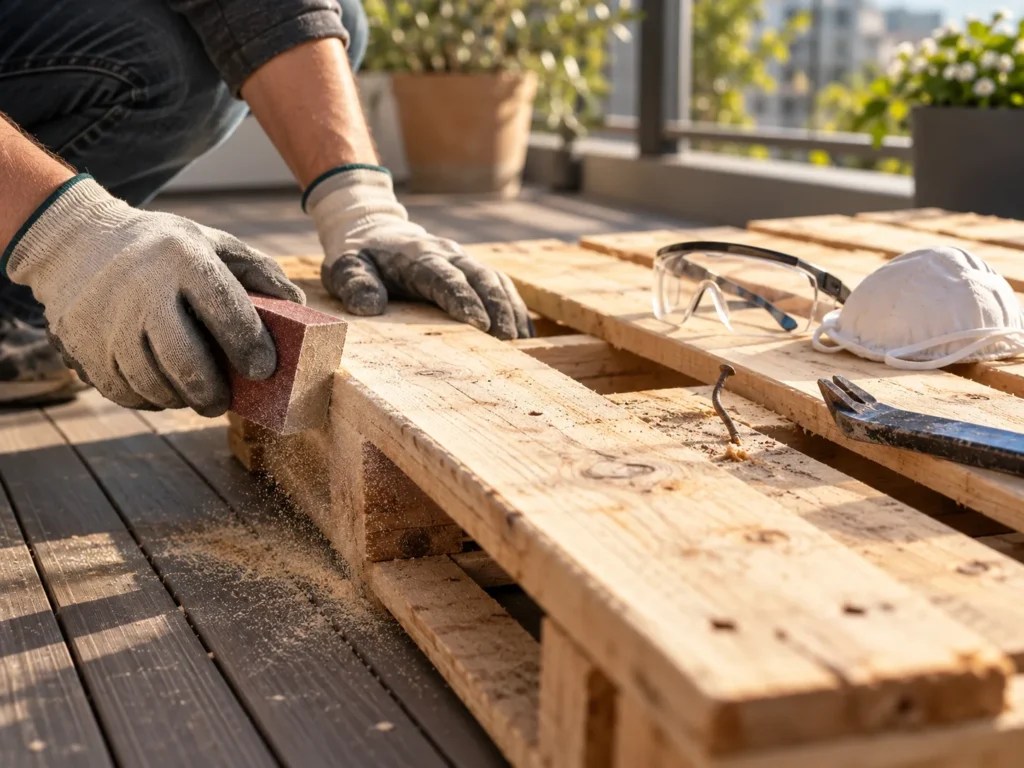 Gloved hands sanding a pallet slat beside safety glasses, a dust mask and a pulled nail