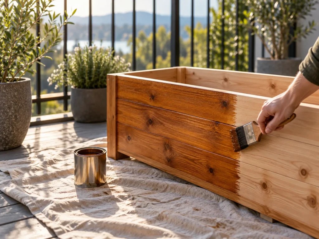 A brush applying light honey-toned stain to the outer face of a cedar box, inside left bare