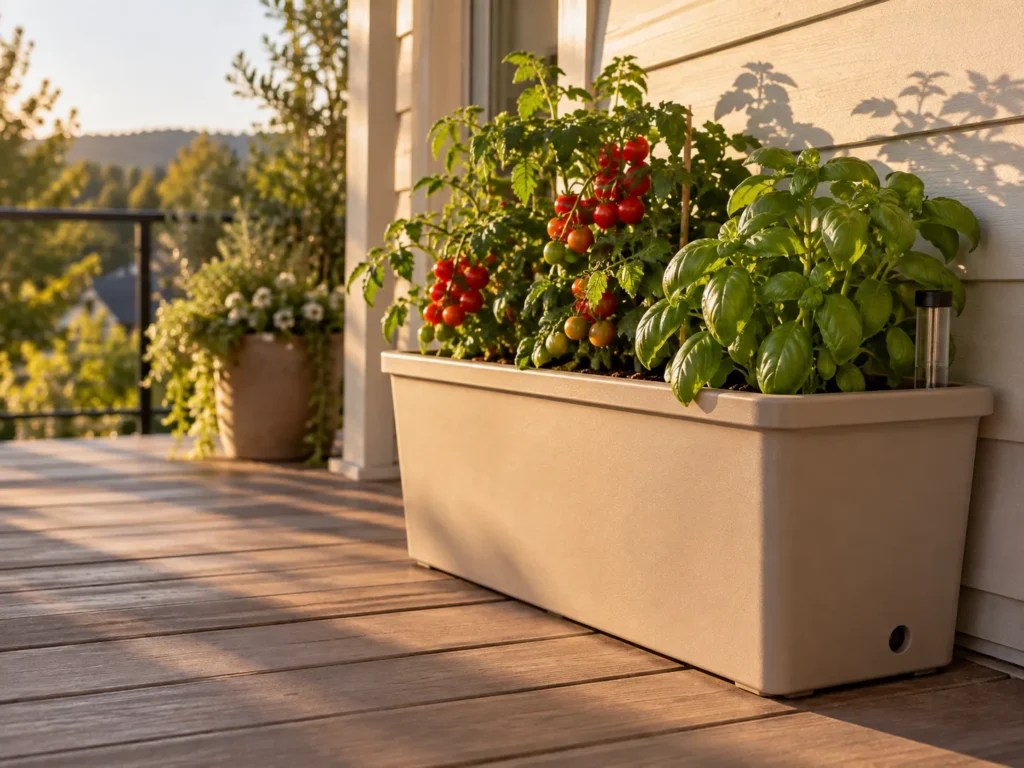 Self-watering planter on a sunny west-facing porch with its fill tube and overflow hole visible