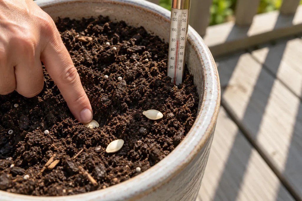 A fingertip pressing a zucchini seed about half an inch into moist potting mix, with a soil thermometer standing in the mix nearby.