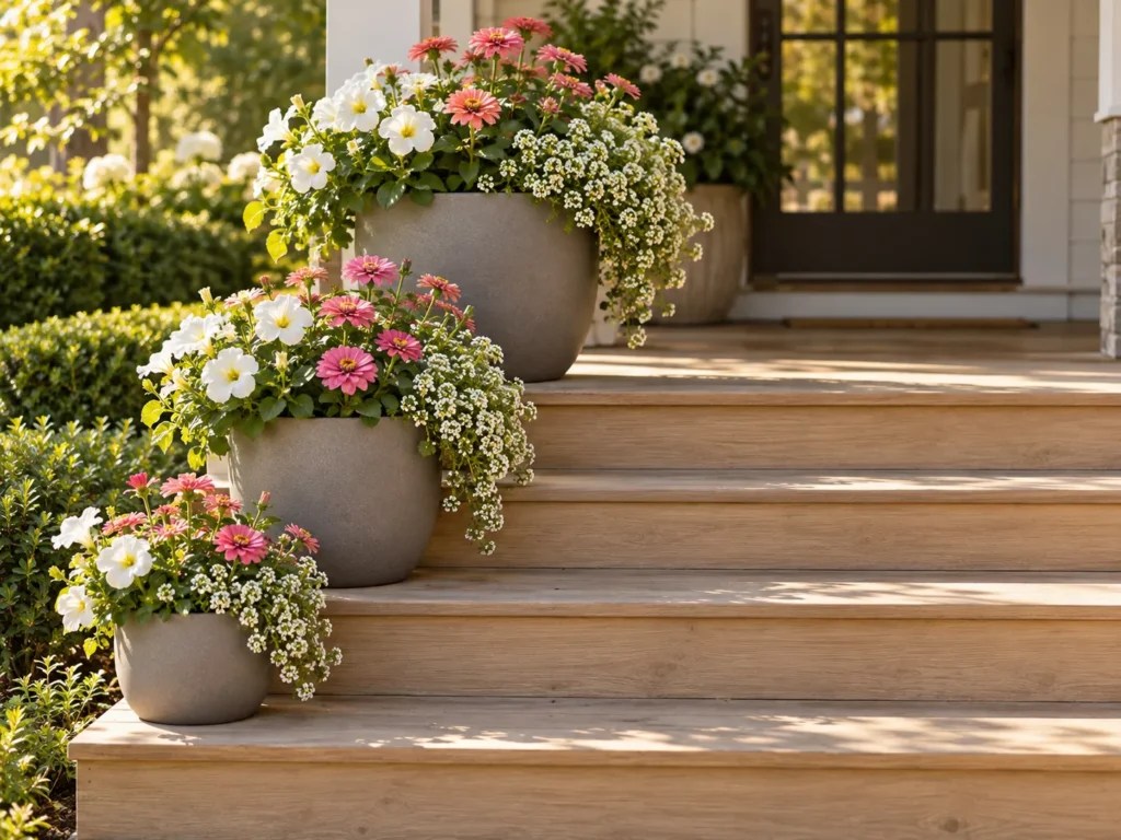 Three matching gray pots in graduated sizes placed down one side of porch steps, other side clear