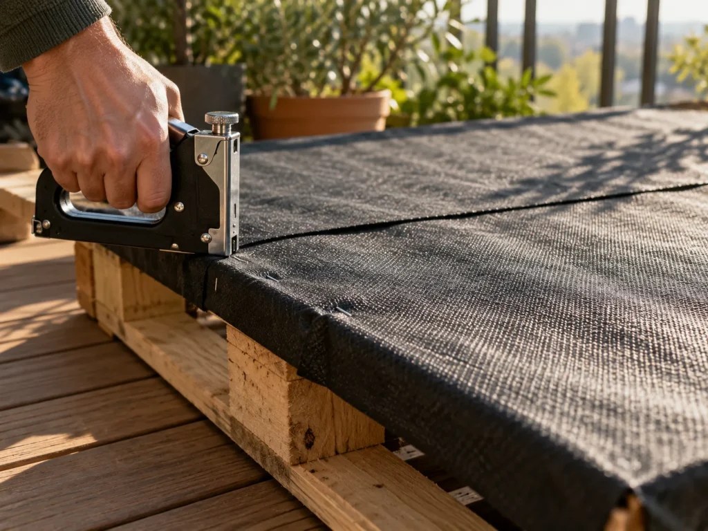 Black landscape fabric stapled across the back of a pallet, wrapped over the side with an overlapping seam