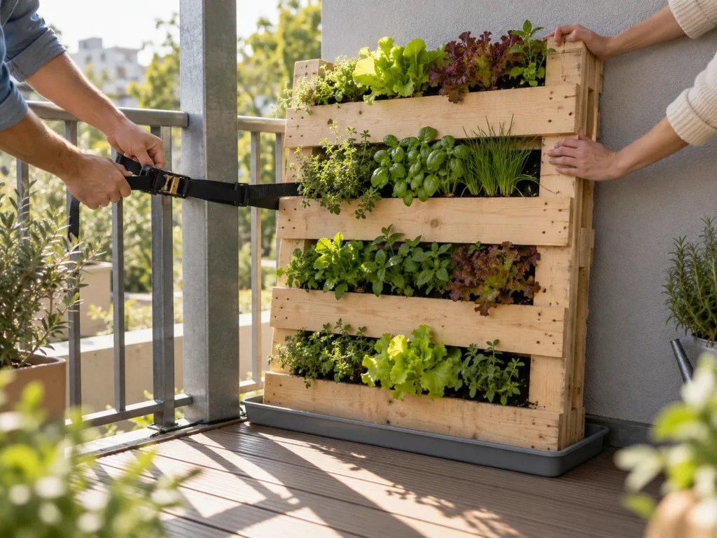 Hands tightening a ratchet strap that holds an upright planted pallet to a balcony railing post, tray underneath