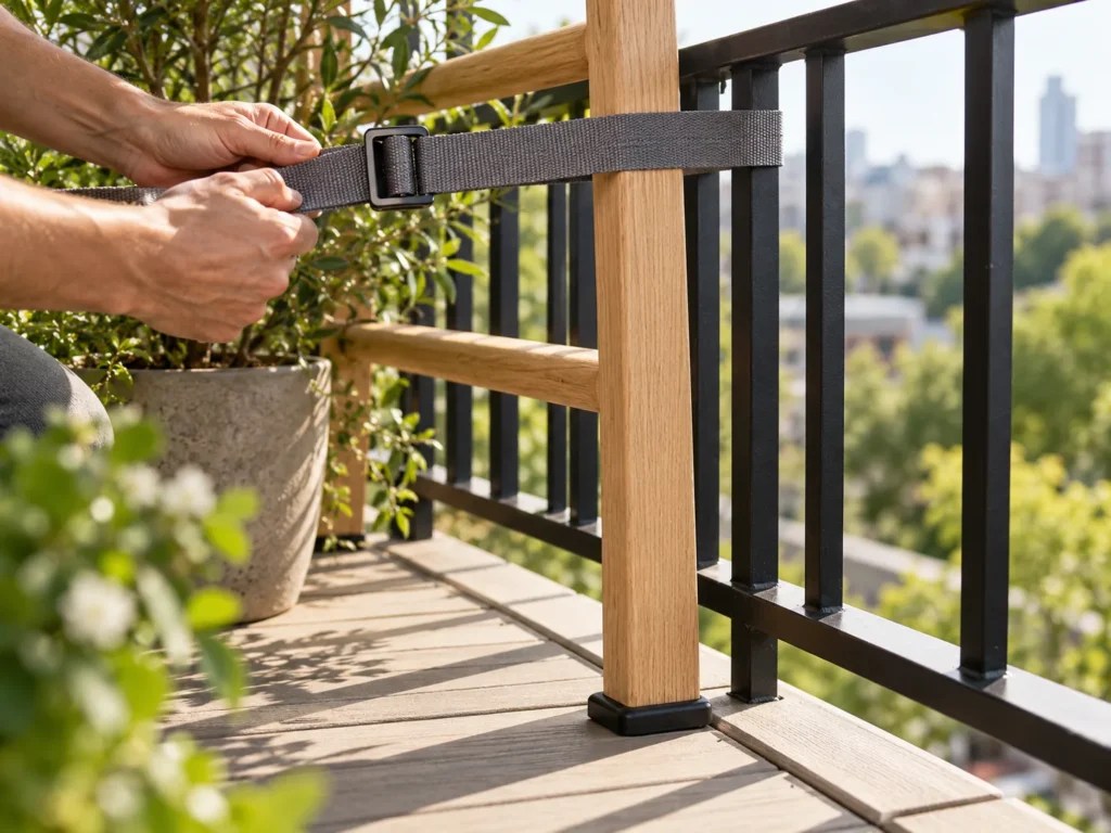 Hands tightening a grey strap between a ladder frame's top rail and the inside of a metal balcony railing