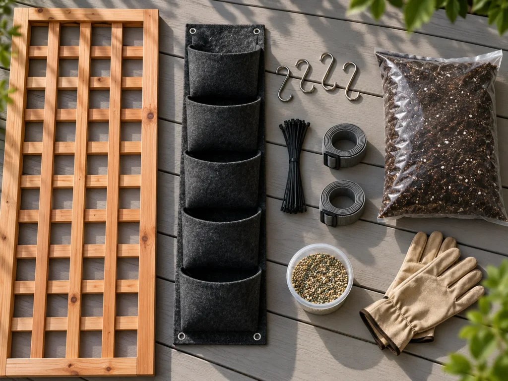 Flat lay of a trellis panel, fabric pocket planter row, S-hooks, zip ties, straps, potting mix and gloves on a balcony floor