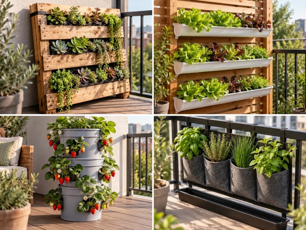Four-panel grid of a leaning pallet wall, gutter rows on a frame, a stacked bucket tower and a railing pocket strip
