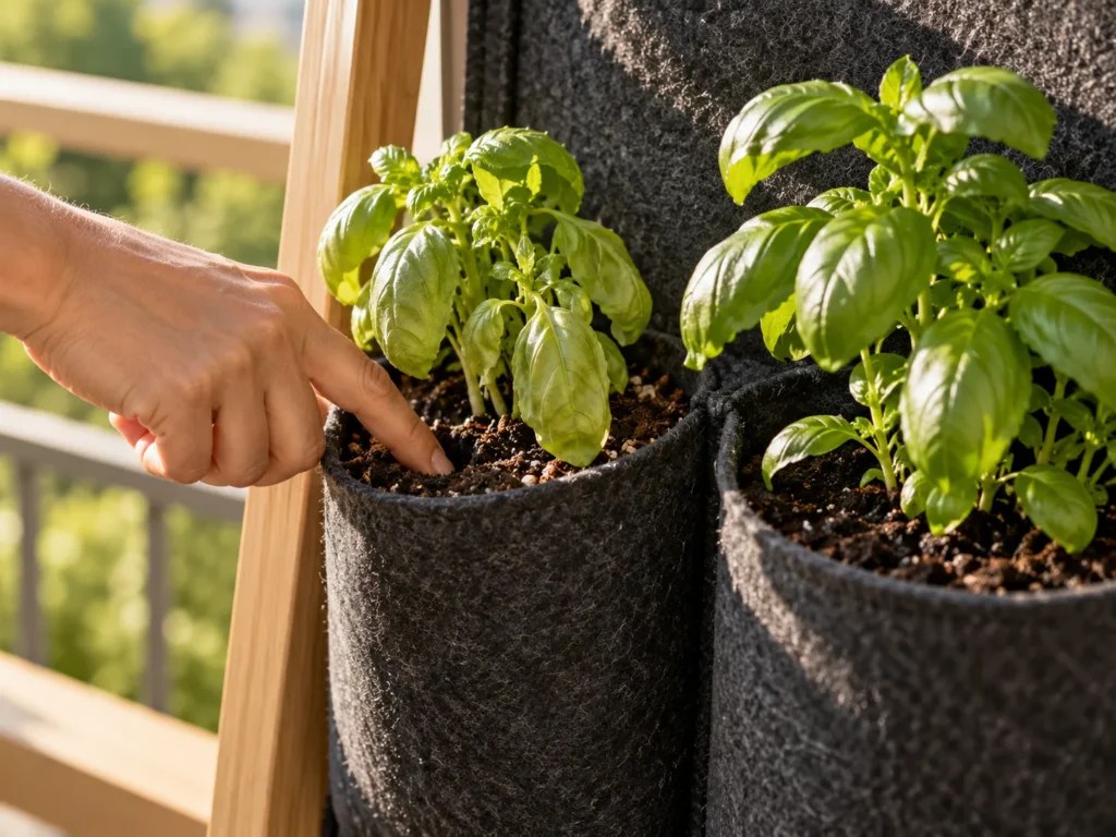 A finger pressed into a fabric pocket's potting mix next to a basil plant with drooping leaves and a perky one beside it