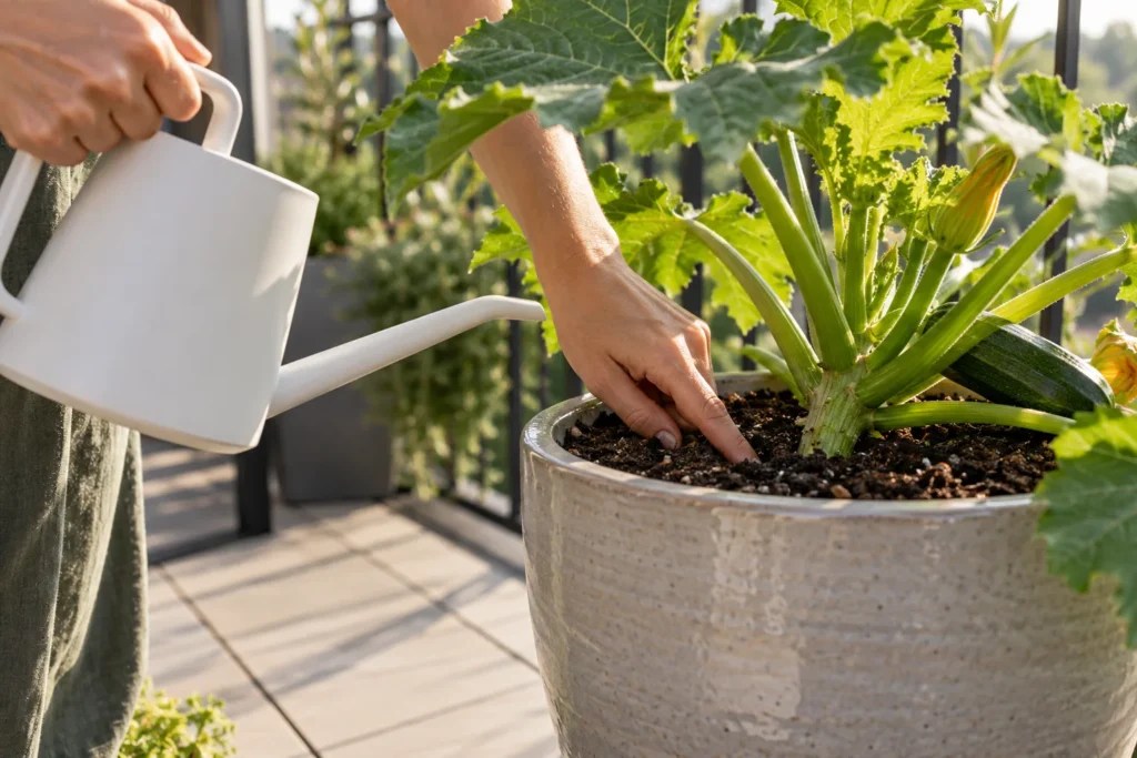 A finger pressed into the potting mix beside the stem of a leafy zucchini plant, with a watering can spout aimed at the soil, not the leaves.