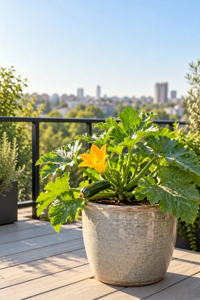 Pinterest pin showing a bush zucchini in a large light pot on a small balcony, with text about pot size, sun and the flower trick.