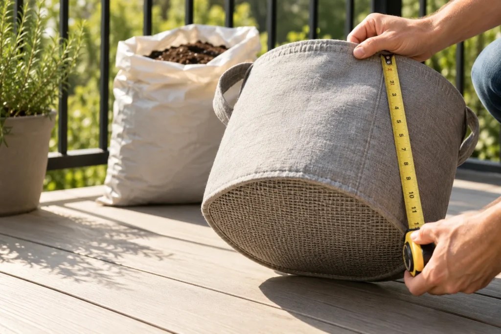 Hands tipping a light grey 5-gallon fabric grow bag to show its drainage base, with a tape measure reading its depth beside it.