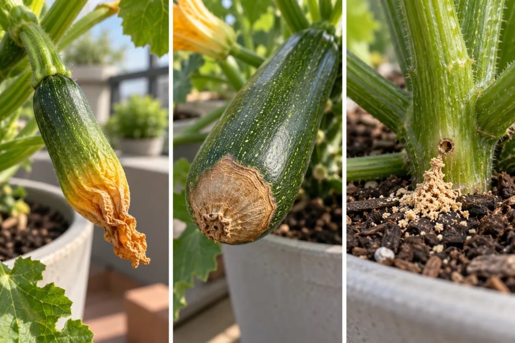 Three close-ups of zucchini problems: a shrivelled unpollinated fruit tip, a leathery brown blossom-end-rot patch, and sawdust-like frass at a stem base.
