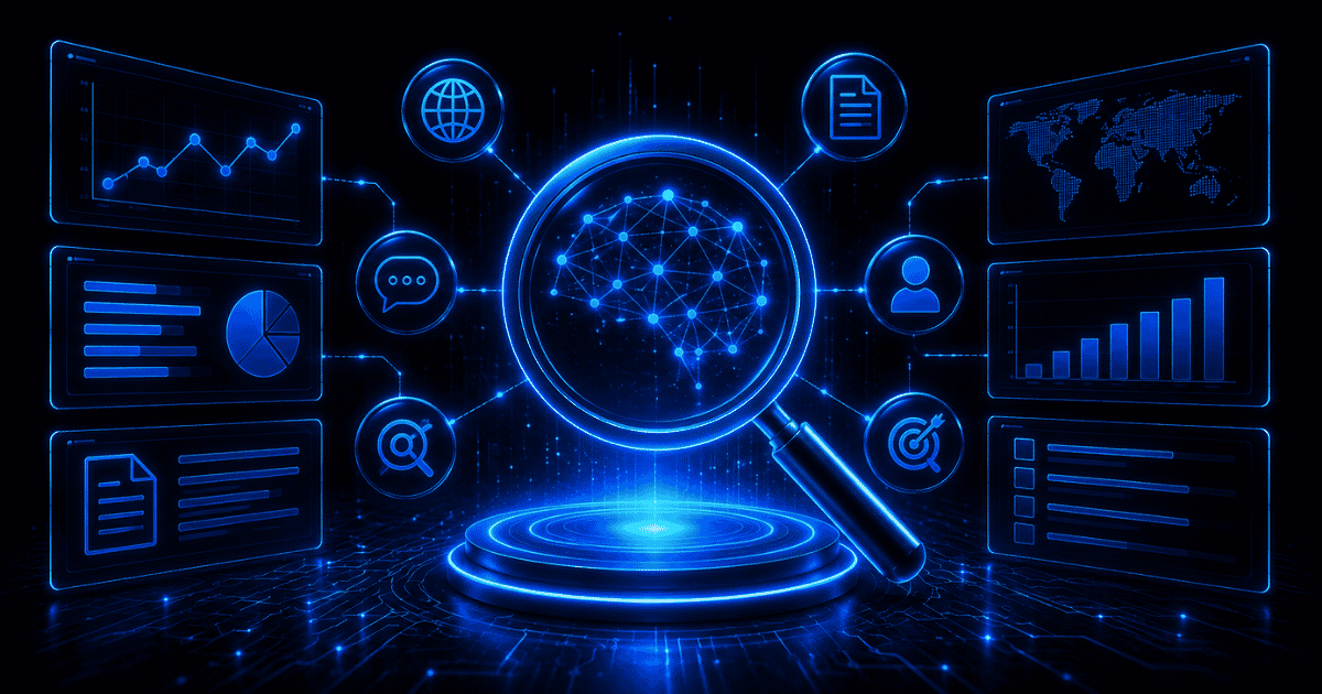 AI research workflow connecting web, documents, people, analysis and verification
