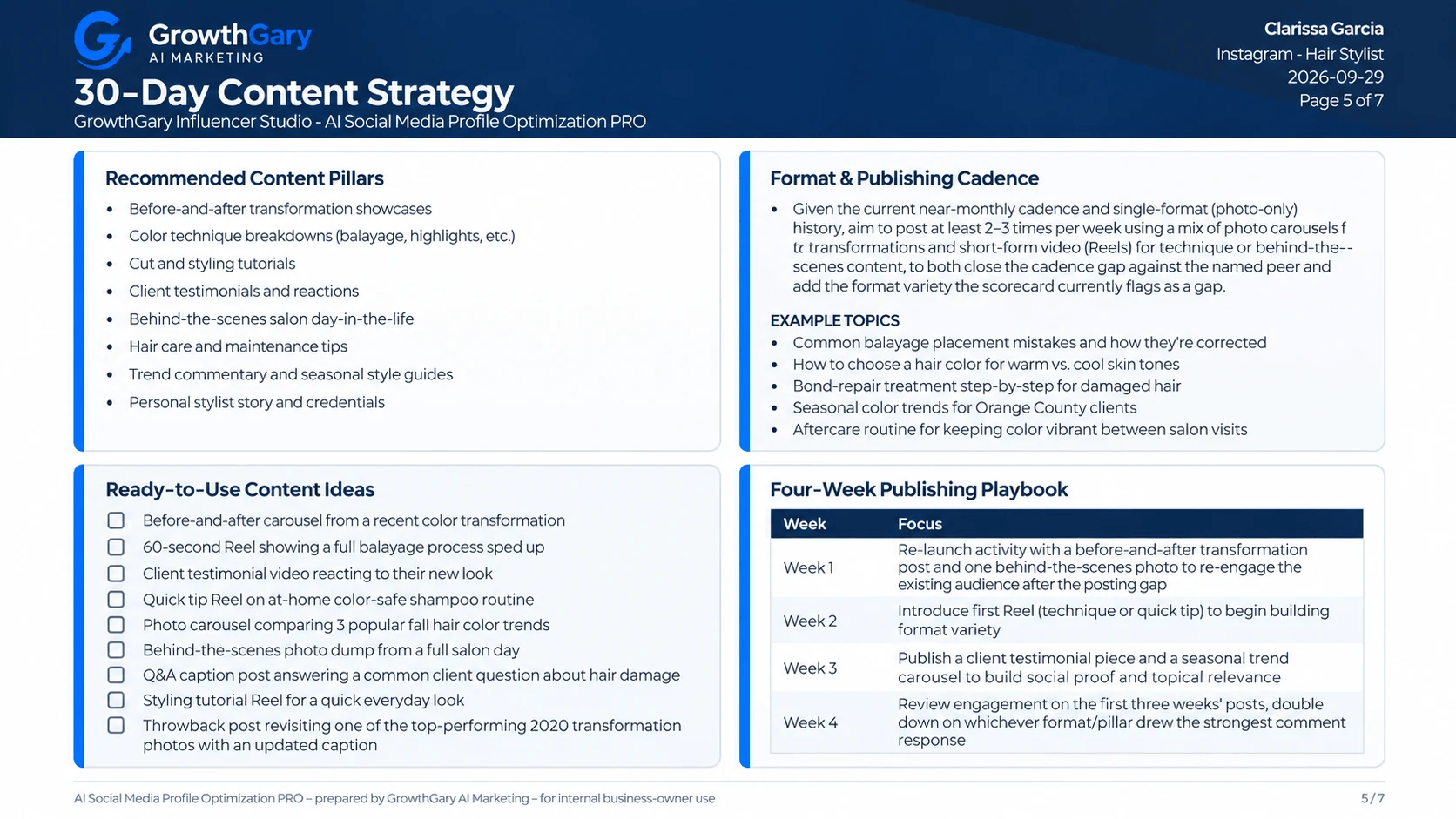 Actual GrowthGary social profile optimization report page with content pillars and a 30-day plan