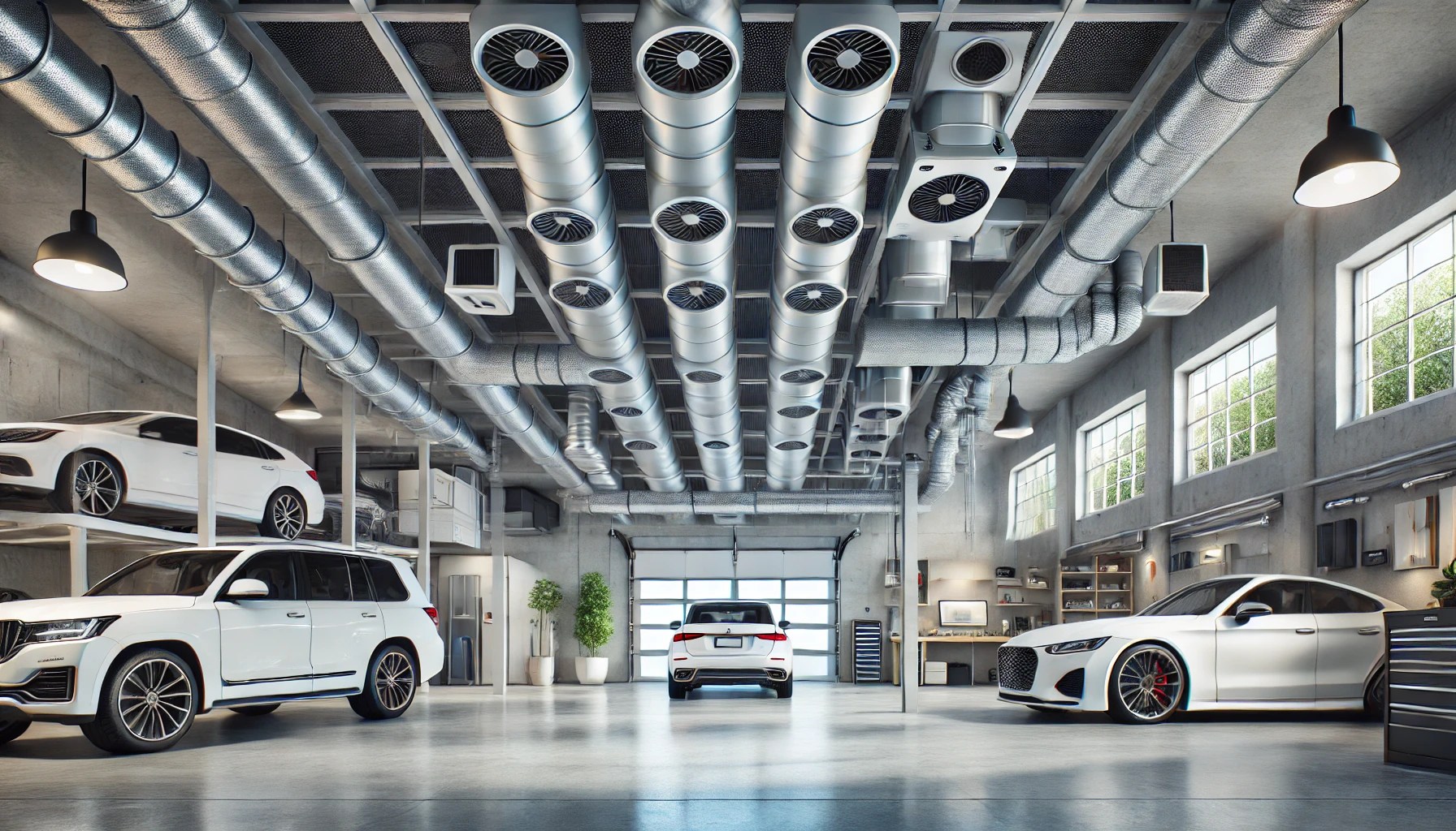 muestra un sistema de ventilación en un garaje, diseñado para maximizar la eficiencia y comodidad del espacio