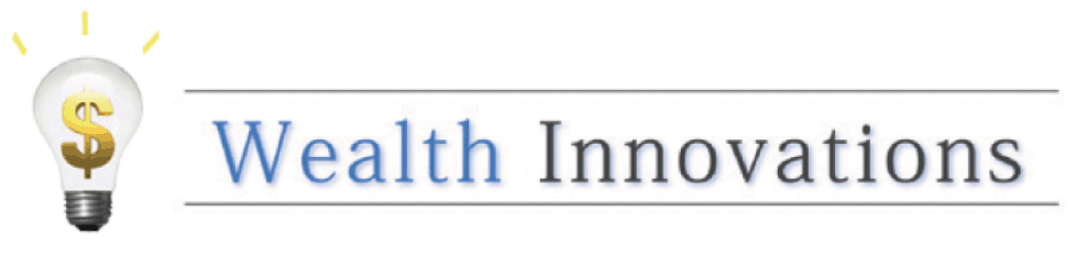 A light bulb with a yellow dollar sign on the inside. The word wealth is in blue while innovation is written in dark blue to the right of the light bulb.
