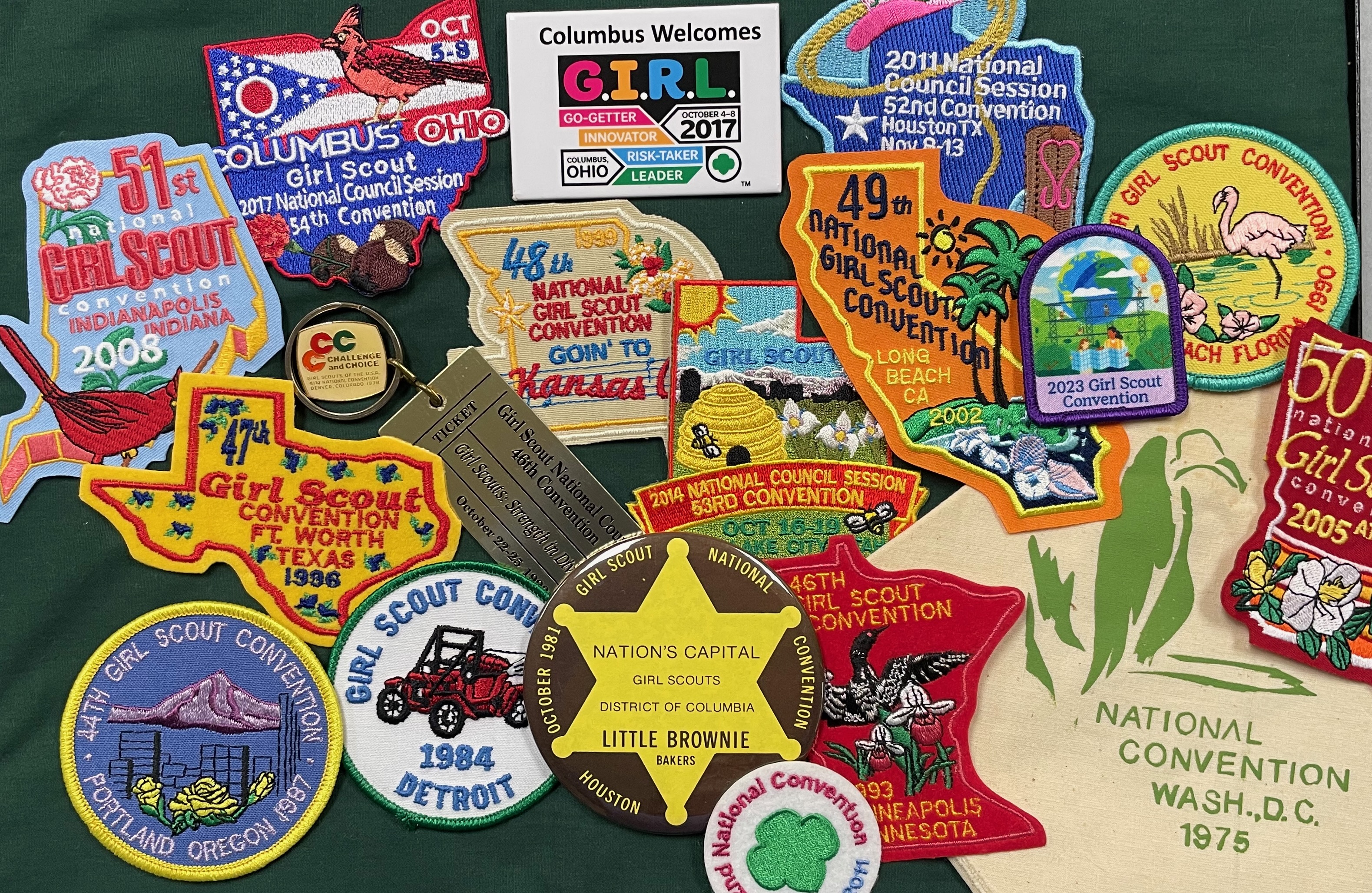 Collage of Girl Scout convention swag