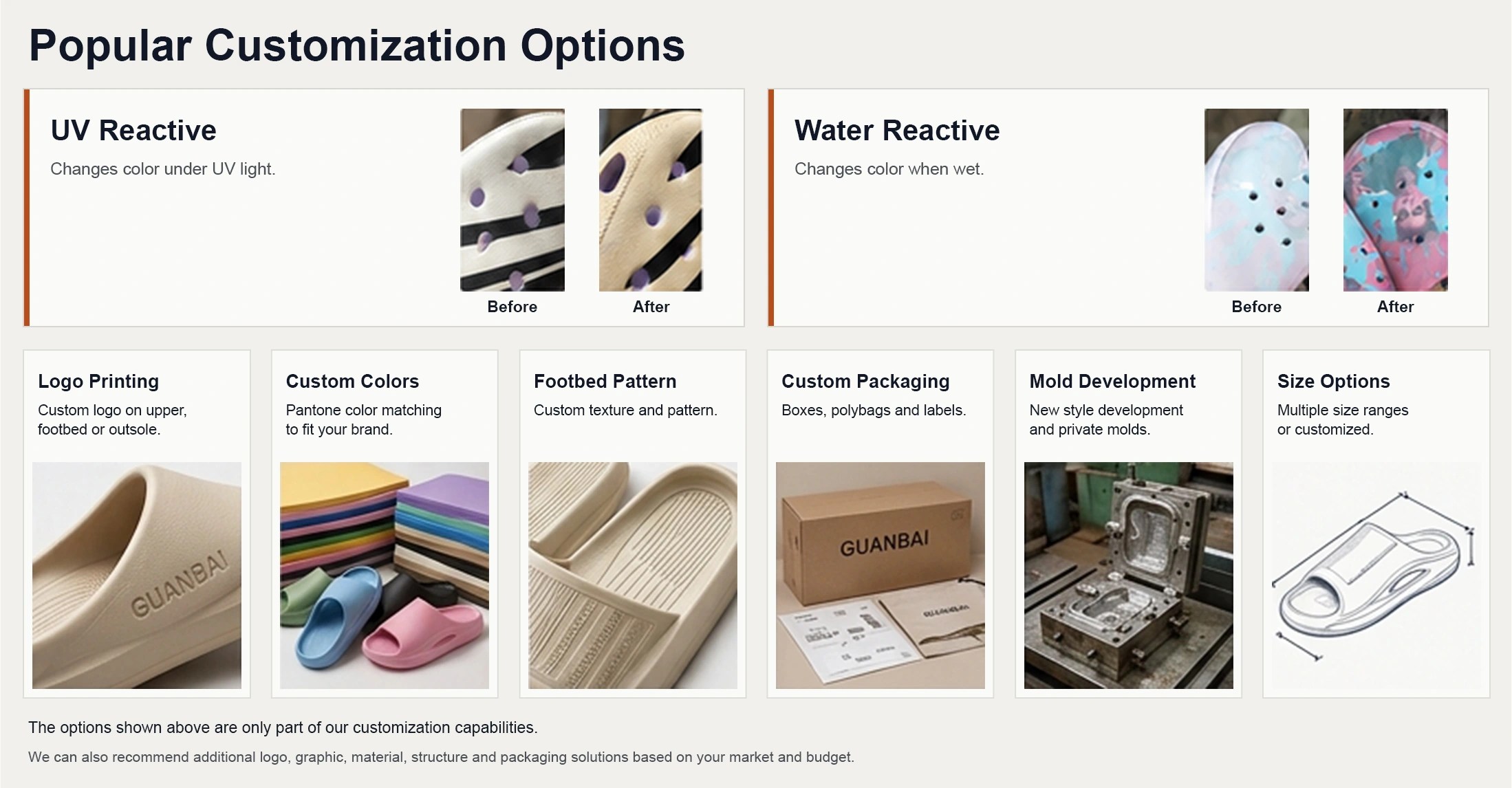 EVA footwear customization: UV-reactive and water-reactive effects, logo printing, custom colors, footbed patterns, packaging, mold development and size options.