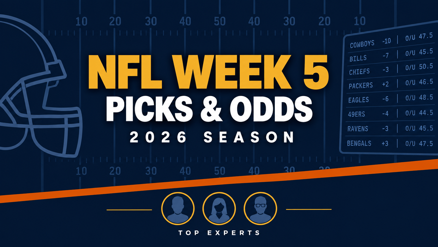 NFL Week 5 2026 picks and odds preview featuring spreads, totals, moneylines, best bets, and expert handicapper predictions for all 15 games