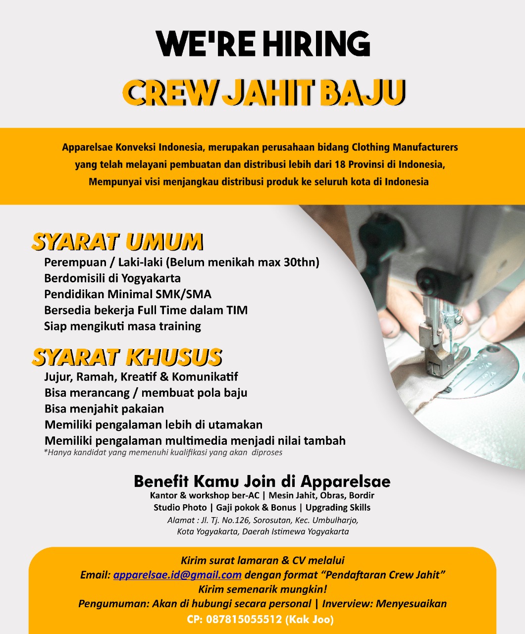 Perusahaan membutuhkan karyawan untuk bekerja lokasi penempatan cianjur, jawa barat, kode pos 43216 dan yg laina sesuai kebutuhan. Lowongan Apparelsae Konveksi Indonesia - Portal Lowongan ...