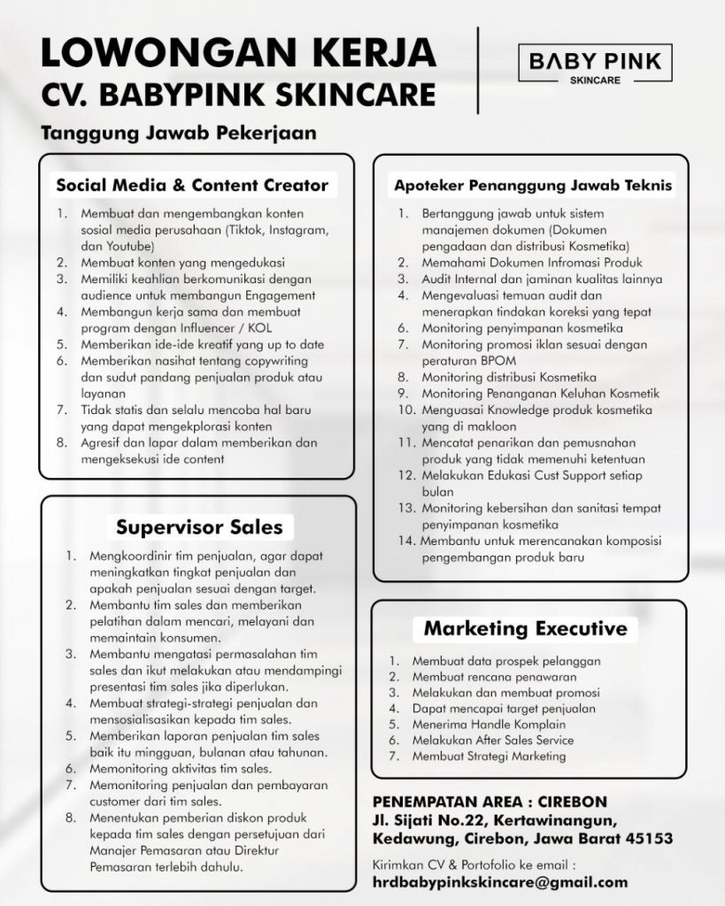 Contoh surat pengunduran diri apoteker penanggung jawab contoh seputar surat. Lowongan Content Creator Marketing Apoteker Supervisor Sales Babypink Skincare Portal Lowongan Kerja Jogja Bumn