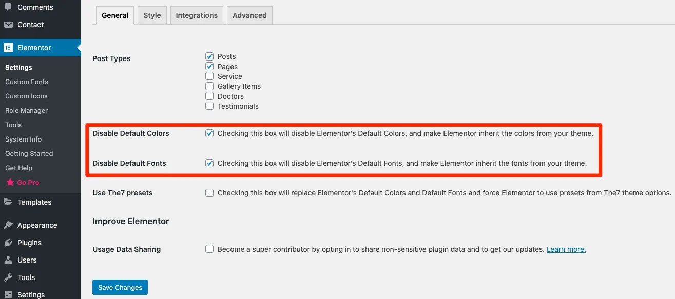 Elementor Page Builder Settings The7 Multipurpose Wordpress Theme