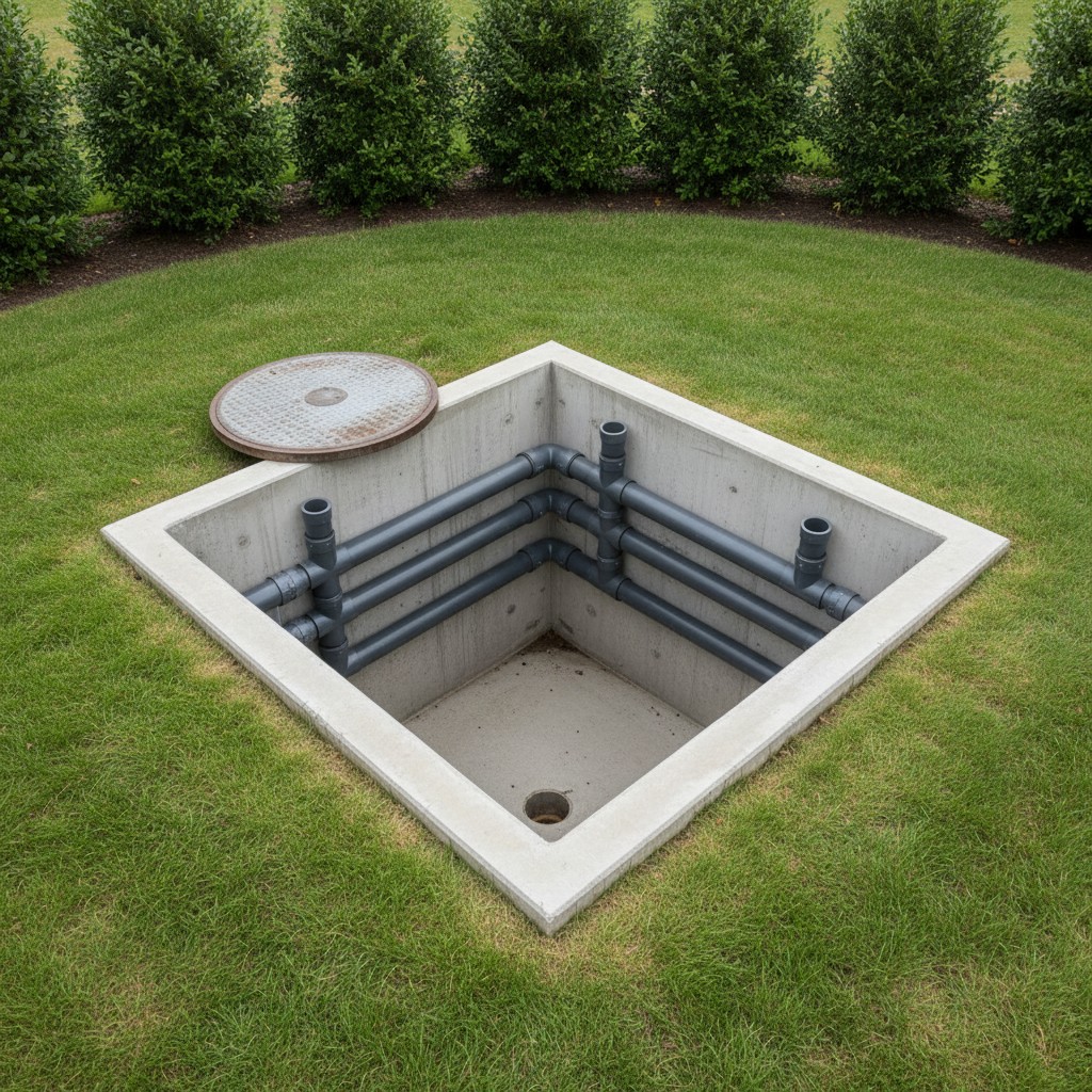 A concrete waterproof manhole cover and a storm protection welley covered with gray PVC pipes with rustic septic ground in...