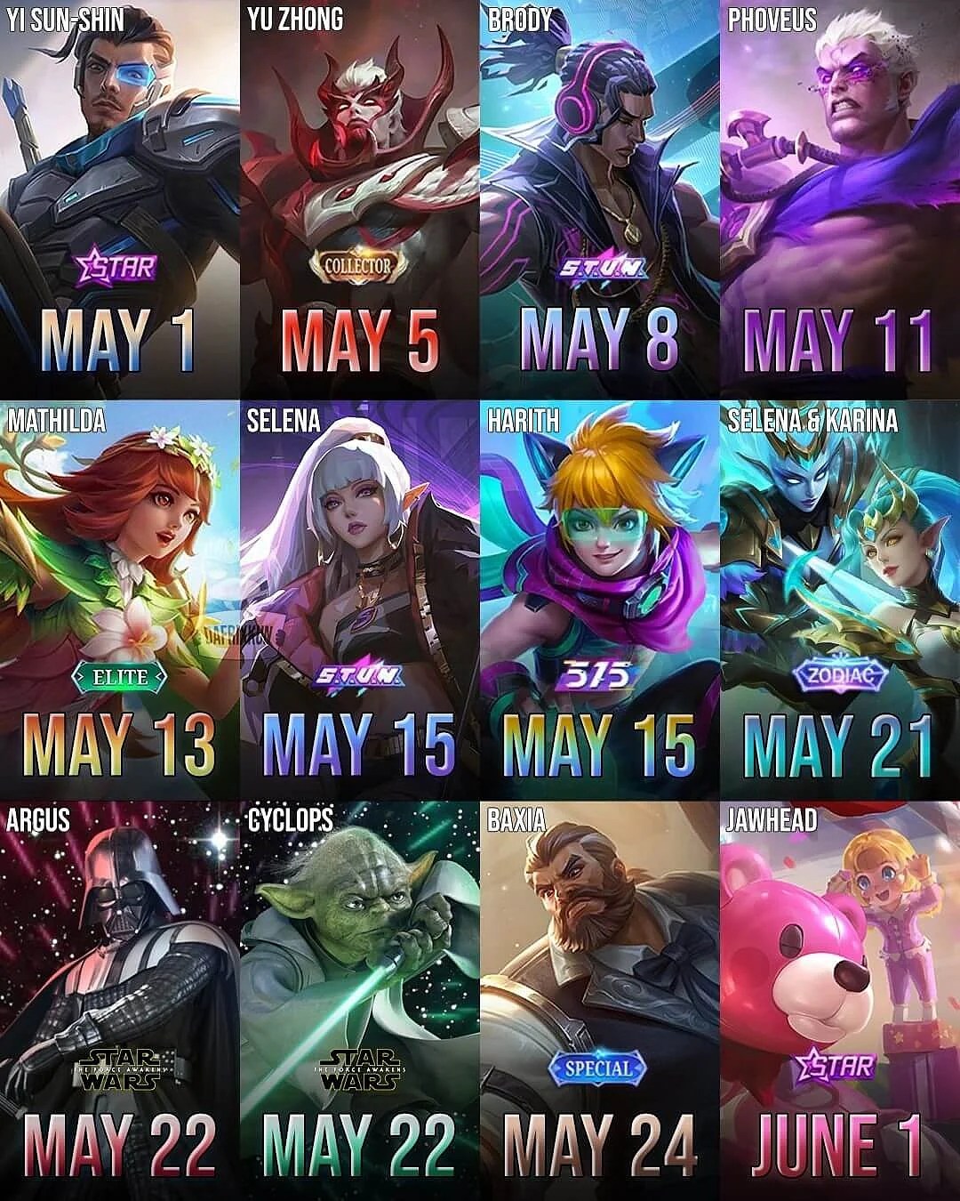 The mobile legends starlight july 2021 perks see a bunch of older starlight skins return for free. Upcoming Mobile Legends Skins For May 2021 Leaked