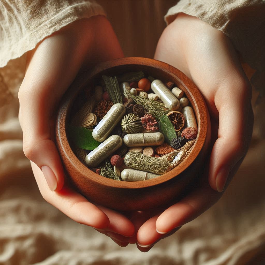 A close-up of hands holding a small wooden bowl filled with natural supplements and dried herbs. The background is earthy and soothing, with soft lighting that reflects the natural and medicinal aspects of plant-based healing.