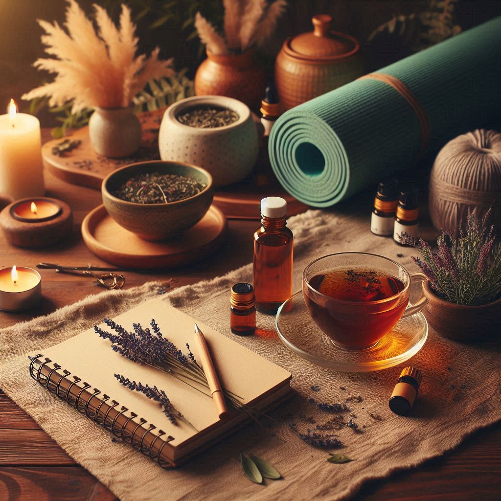 A peaceful wellness setting with herbal teas, essential oils, and a yoga mat rolled out beside a journal. The image exudes warmth, balance, and a return to nature for holistic well-being.