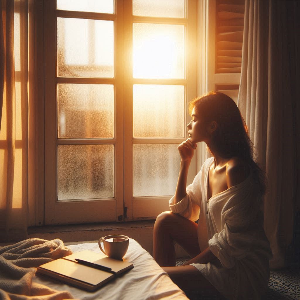 A soft, intimate scene of a woman standing alone near a window with warm, golden light filtering in. She gazes outside with a thoughtful expression, symbolizing self-reflection and emotional growth. A journal and a cup of tea rest on a nearby table, representing introspection and mindful connection.