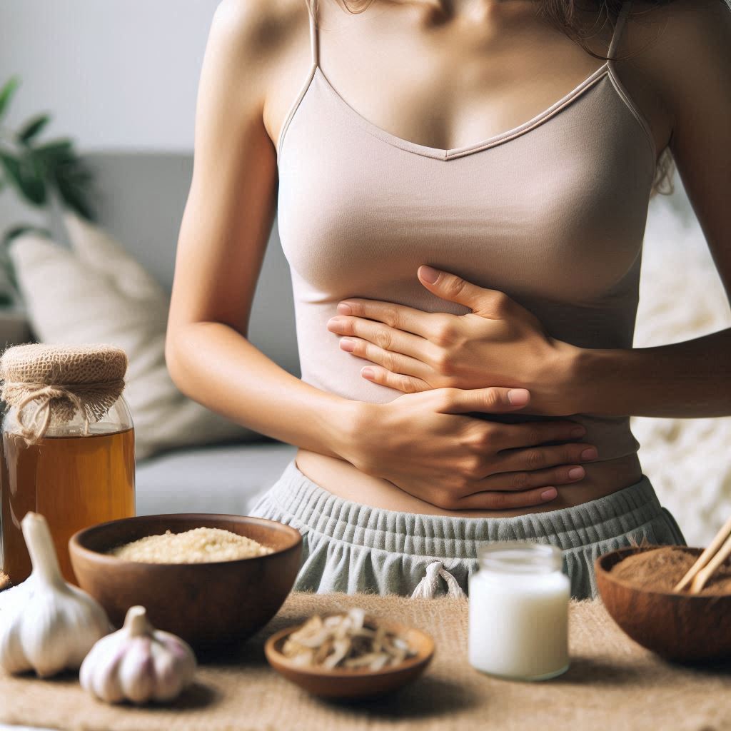 A close-up of a woman holding her stomach with a slightly uncomfortable expression, symbolizing digestive imbalance. Surrounding her are natural remedies like a cup of herbal tea, garlic, coconut oil, and probiotics, representing holistic solutions for restoring gut health. The background is soft and neutral, evoking a sense of healing and balance.