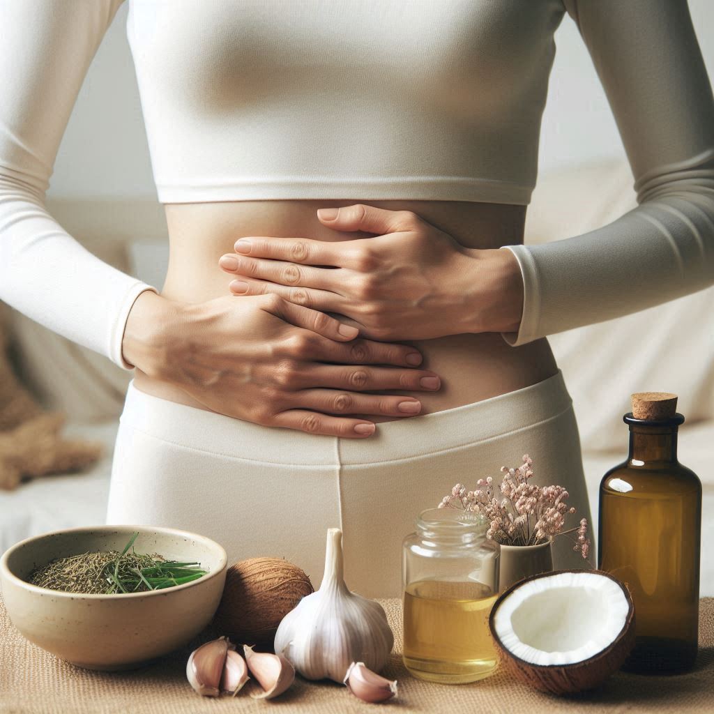 A close-up of a woman holding her stomach with a slightly uncomfortable expression, symbolizing digestive imbalance. Surrounding her are natural remedies like a cup of herbal tea, garlic, coconut oil, and probiotics, representing holistic solutions for restoring gut health. The background is soft and neutral, evoking a sense of healing and balance.