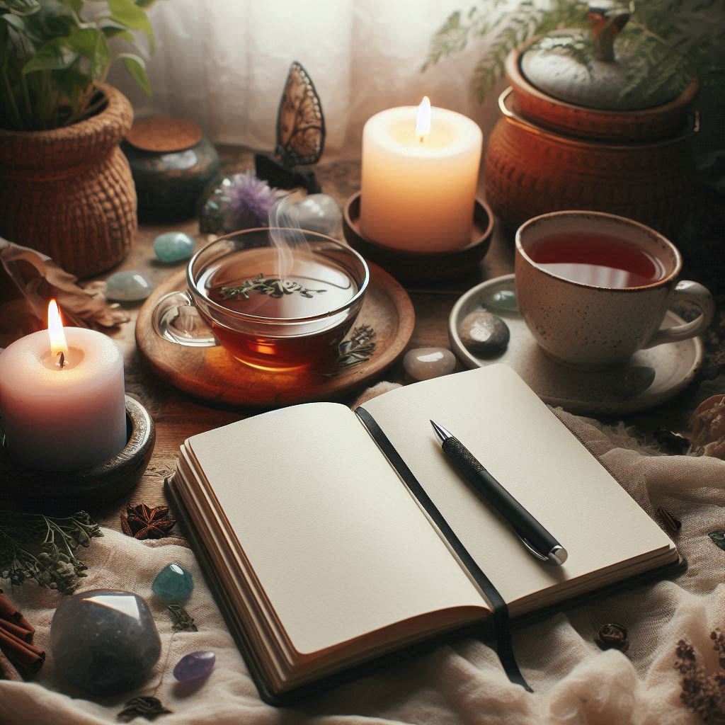 A cozy, serene setup with an open journal, a pen, and a candle flickering beside a cup of herbal tea. The background features calming elements like plants, crystals, or soft textiles, evoking a sense of peace and personal transformation.