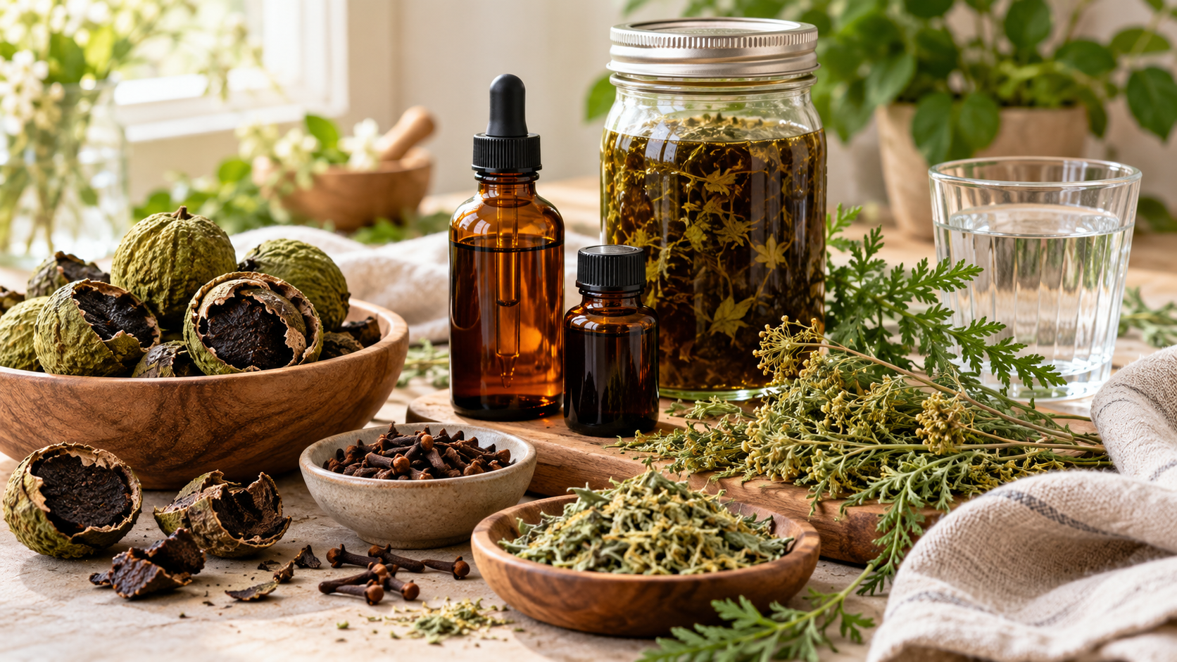 Natural parasite cleanse ingredients with black walnut hulls, cloves, sweet wormwood, herbal tinctures, and water.