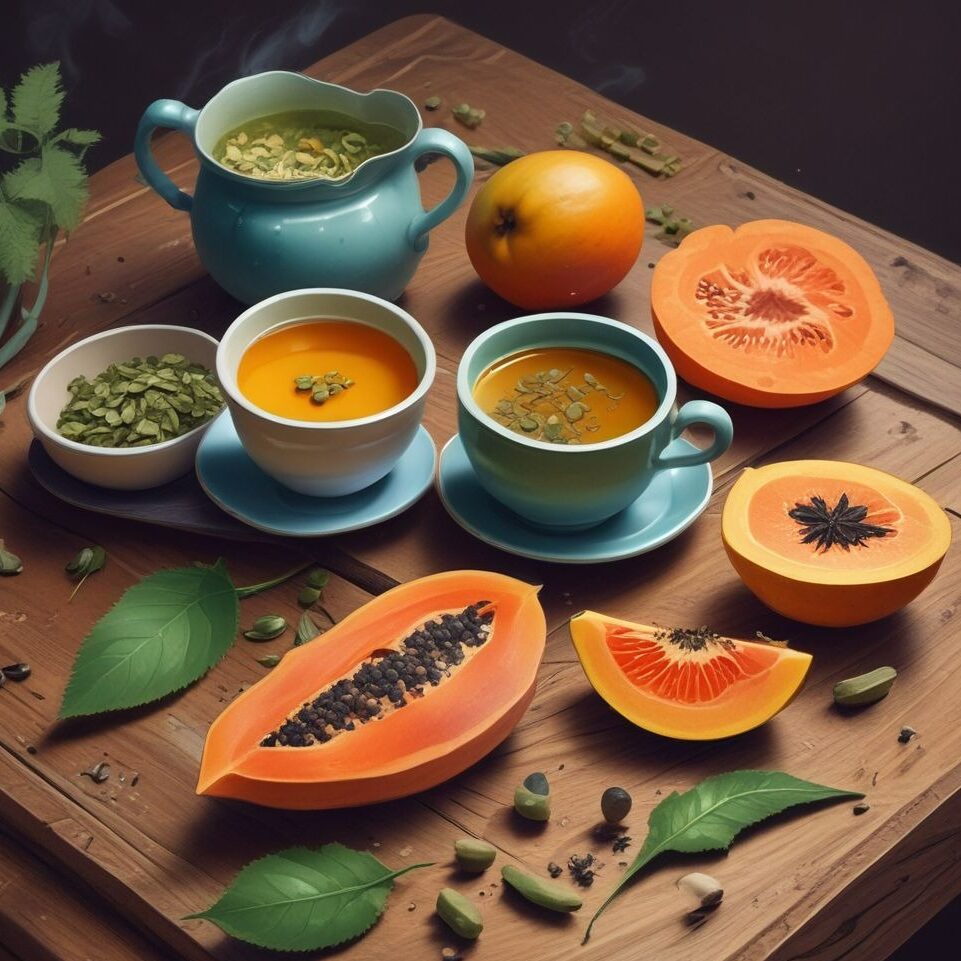 An artistic representation of a detox concept—warm herbal teas, fresh papaya, pumpkin seeds, and cloves on a wooden table, symbolizing natural parasite-fighting remedies.