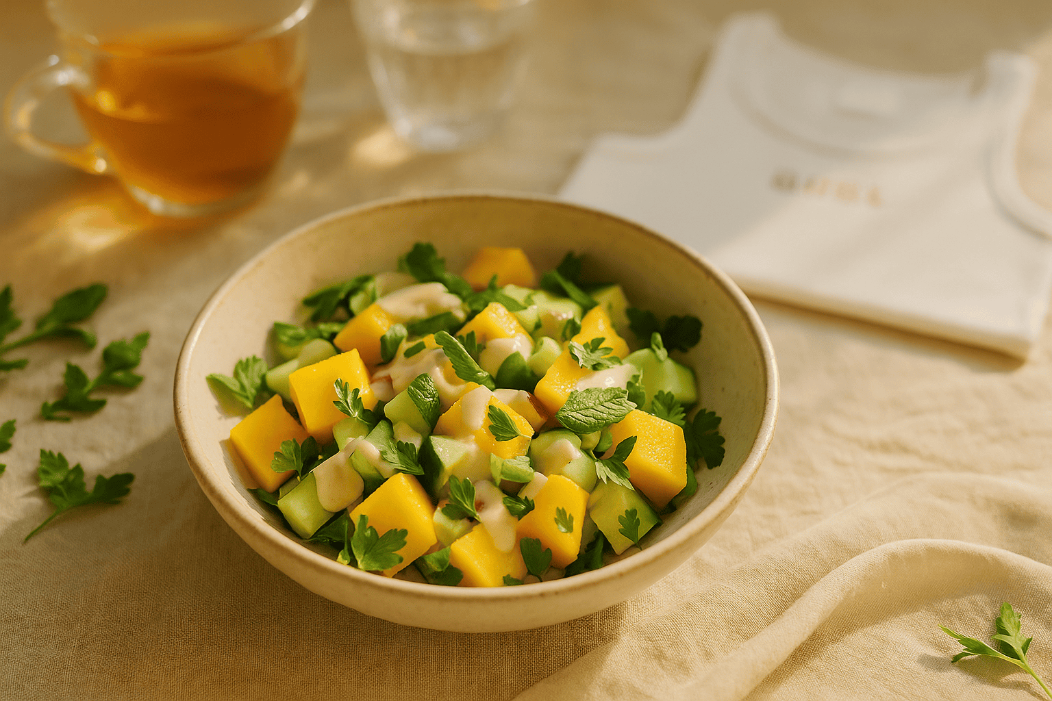 Flat lay of a rustic bowl filled with mango and cucumber salad drizzled in tahini, surrounded by fresh herbs, a glass of amber tea, and a blurred GURL tank top resting on beige linen in warm natural light.