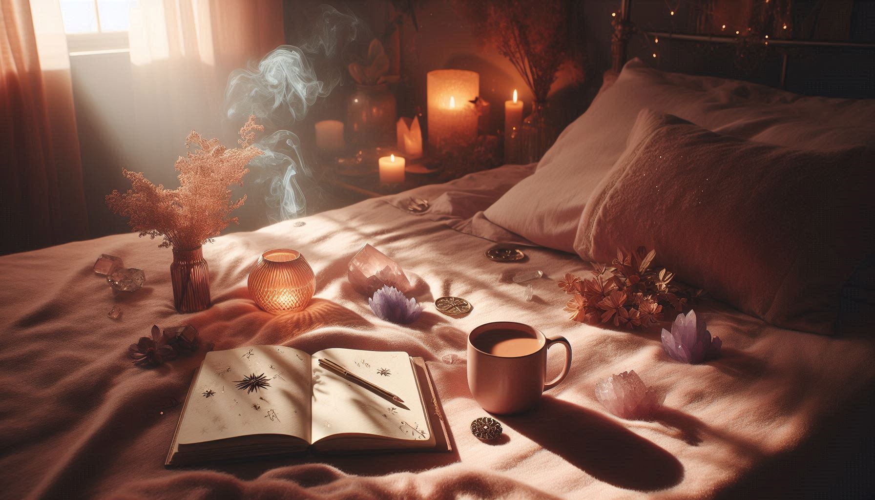 A soft, dreamy bedroom with warm lighting, a journal open beside a steaming mug of tea, moonlight casting gentle shadows, and crystals or dried flowers nearby. Colors: dusty rose, indigo, candlelight gold. Mood: serene, sacred, and feminine.