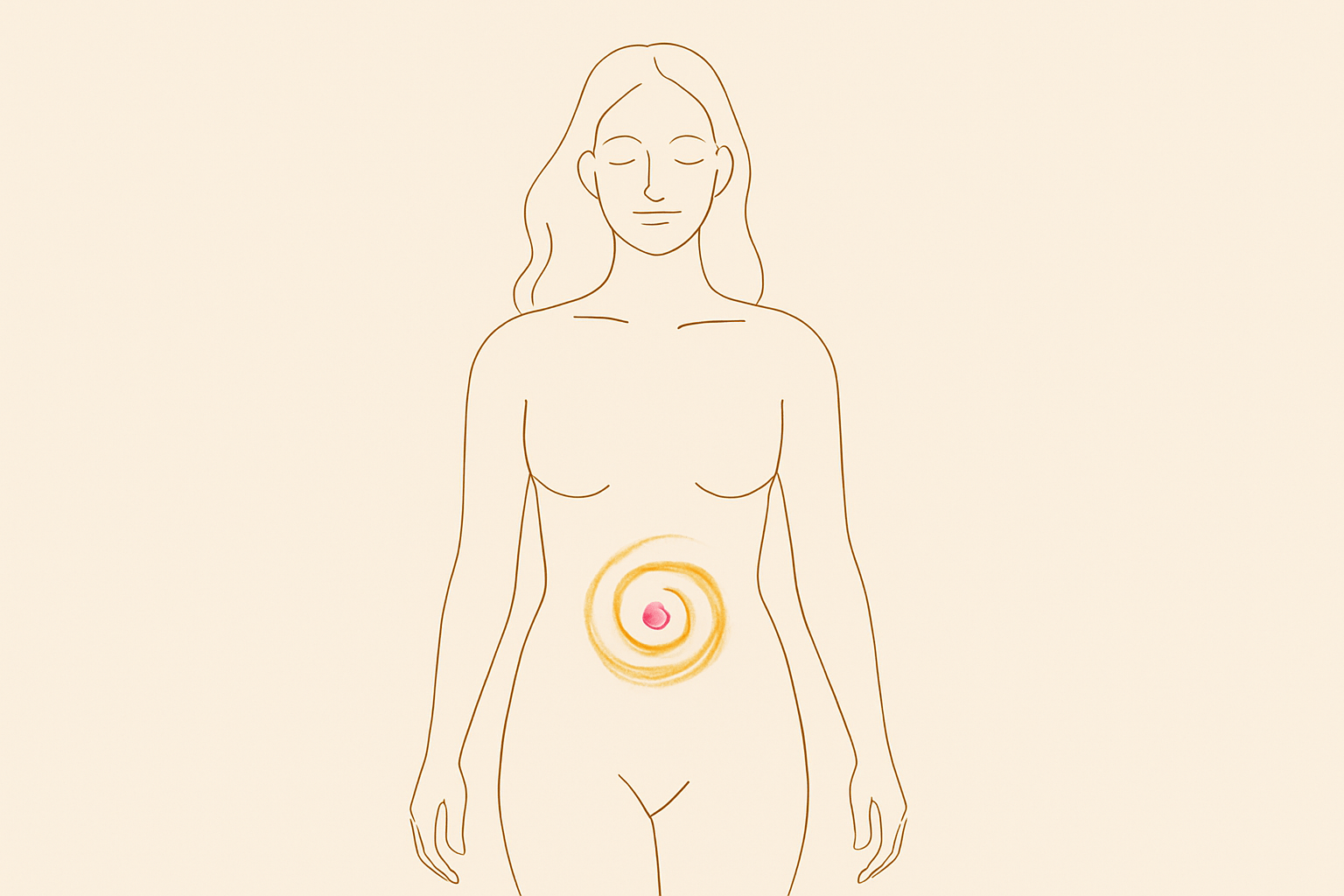A minimal, modern digital line drawing of a woman standing strong with her eyes closed, hands at her sides, subtle glowing lines or an abstract golden swirl over her lower belly area (sacral chakra) — symbolizing gut intuition and trust. Clean background, no visible baby bump or rounded belly. Earthy colors, calming energy.