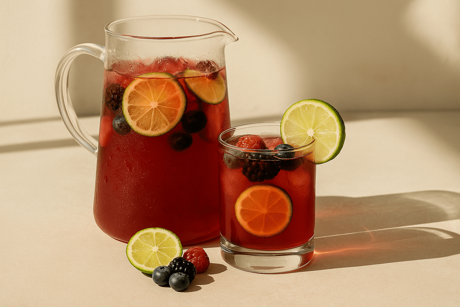A glass pitcher and cup of vibrant red hibiscus lime iced tea with berries and lime slices on a sunlit counter.