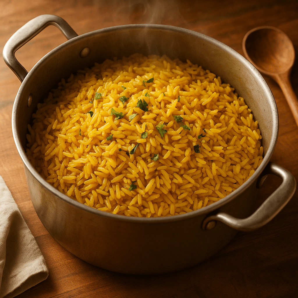A warm, inviting photo of a pot of Dominican-inspired rice — long grain rice cooked with peppers, onions, celery, green olives, and spices. Garnished and fluffed, with steam rising. Natural lighting on a wooden kitchen counter with a rustic spoon beside it.