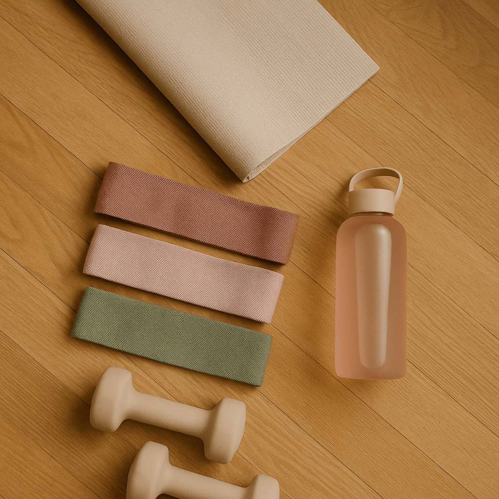 Flat lay of home workout essentials: yoga mat, resistance bands, light dumbbells, and water bottle on a wooden floor, with soft natural lighting.