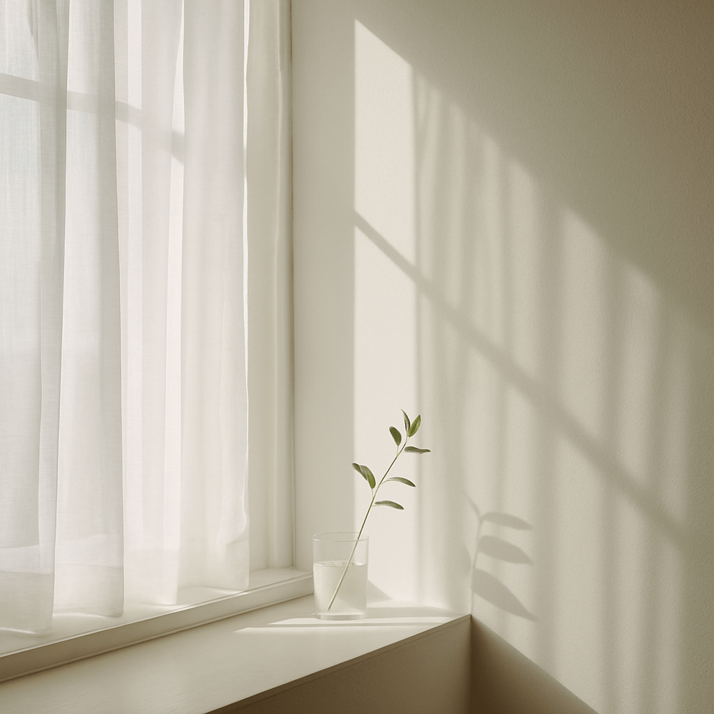 A sunlit window with sheer curtains, casting soft light and shadow onto a bare wall. On the windowsill: a small glass of water and a single sprig of greenery. Minimal, airy, symbolic of compassion, presence, and release.
