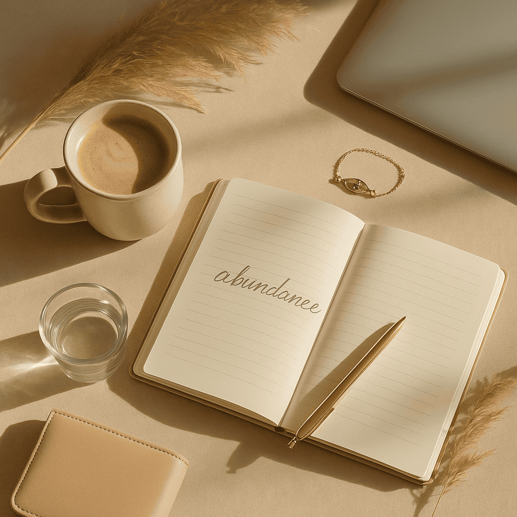 Serene flat lay of a journal open to the word “abundance,” with a gold pen, ceramic latte mug, gold evil eye bracelet, laptop, and pampas grass on a blush-toned desk in warm natural light.